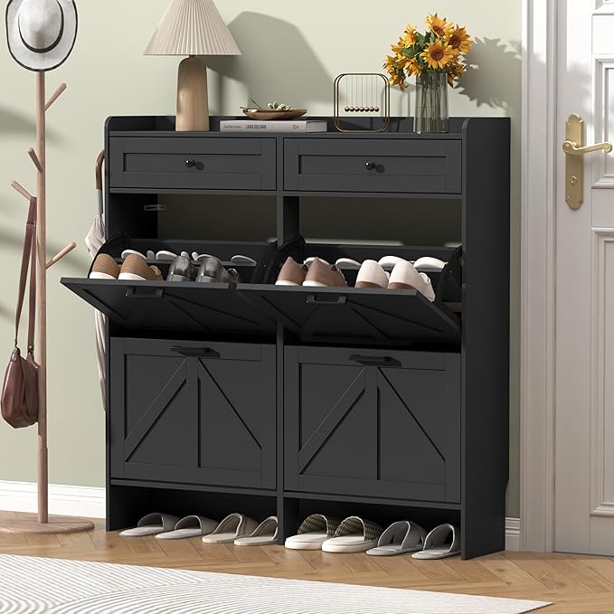 Thacuok Shoe Cabinet with 4 Flip Drawers & 2 Storage Drawers, Rustic Farmhouse Narrow Shoe Organizer Cabinet, Slim Shoe Rack Cabinet, Shoe Storage Cabinet for Entryway, Hallway, Front Door