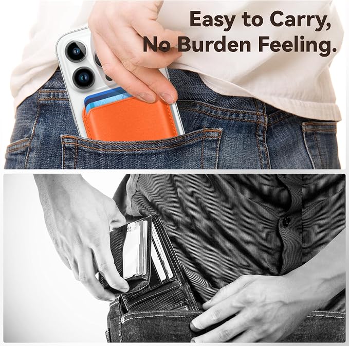 Stronger Magnetic RFID Leather Mag-Safe Card Holder for iPhone 15 Series, Mag-Safe Accessories Stick on Series of iPhone 17/16/15/14/13/12 and Pro/Promax, Orange