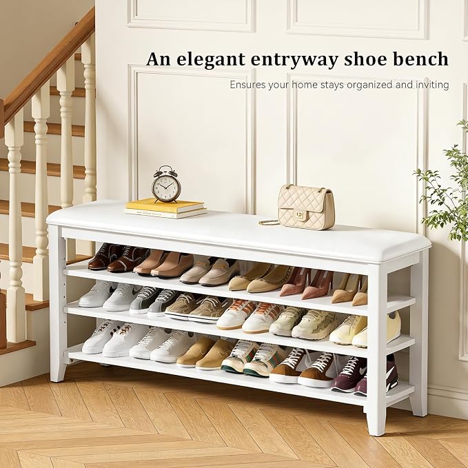 Taitiy Shoe Rack Bench Entryway Storage, Shoe Organizer Bench for Entryway, Ideal for Front Doors Entrances Hallway Mudroom Featuring Rubberwood and 3 Height-Adjustable Removable Shelve