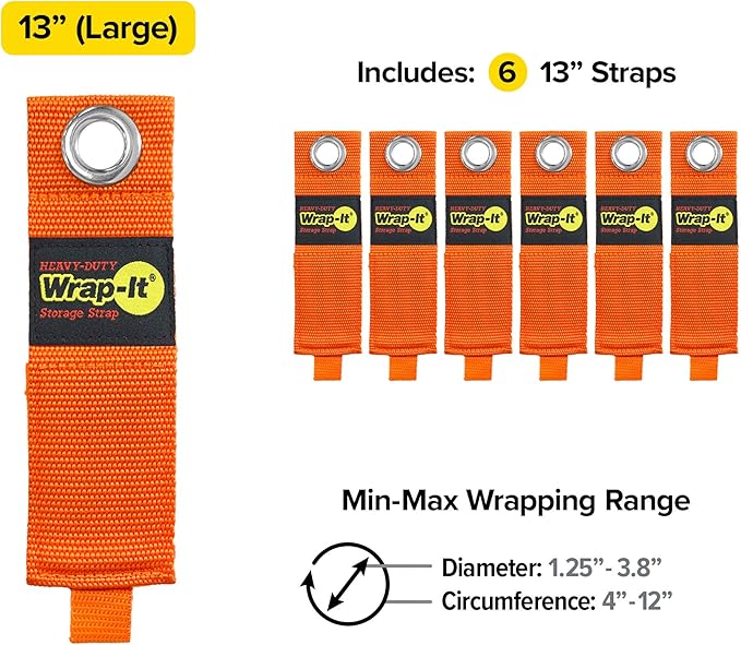 Heavy-Duty Wrap-It Storage Straps - 13-inch (6-Pack) Blaze Orange - Garage Organizer and Extension Cord Hanger for Garage Gadgets