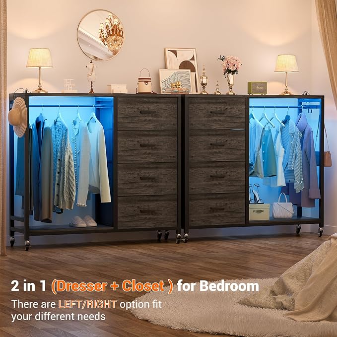 Cyclysio Storage Clothes Rack with 4 Drawers, Garment Rack with Charging Station & LED Lights, Fabric Chest Shelves Clothing Rack, Wooden Portable Wardrobe Closet