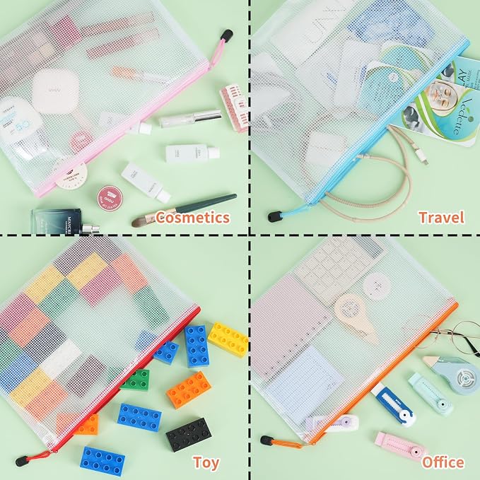 EOOUT 32pcs A4 Zipper Pouch Bags, Mesh Pouch Bags with Labels for Board Games & Puzzles Supplies, Waterproof Document Zipper Cases for School Toys Office Cosmetics Travel Storage,8 Colors