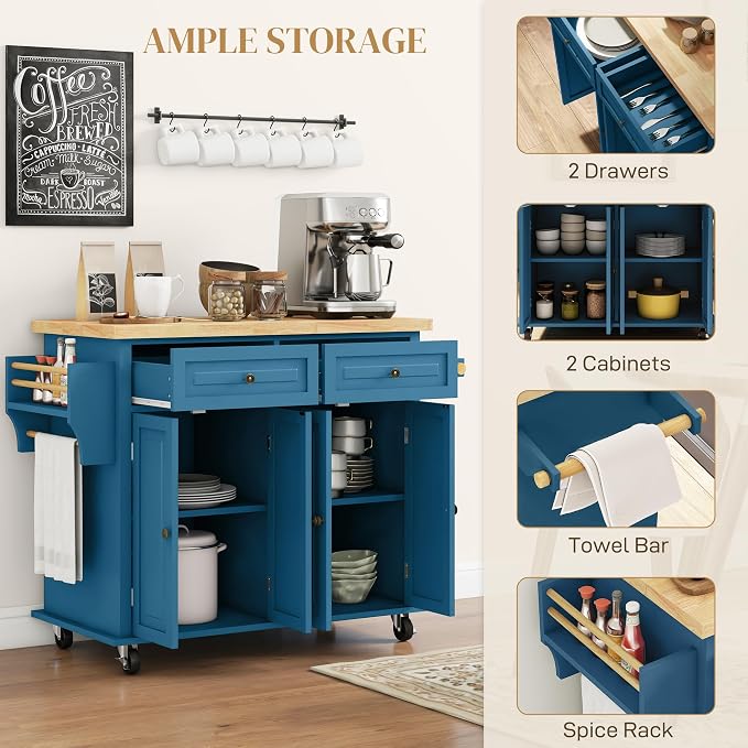 HOMCOM Kitchen Island Cart with Solid Wood Top, 44" Mobile Kitchen Island Table on Wheels with Storage Cabinets, 2 Drawers, Adjustable Shelves, Spice Rack & Towel Bar for Dining Room, Turquoise