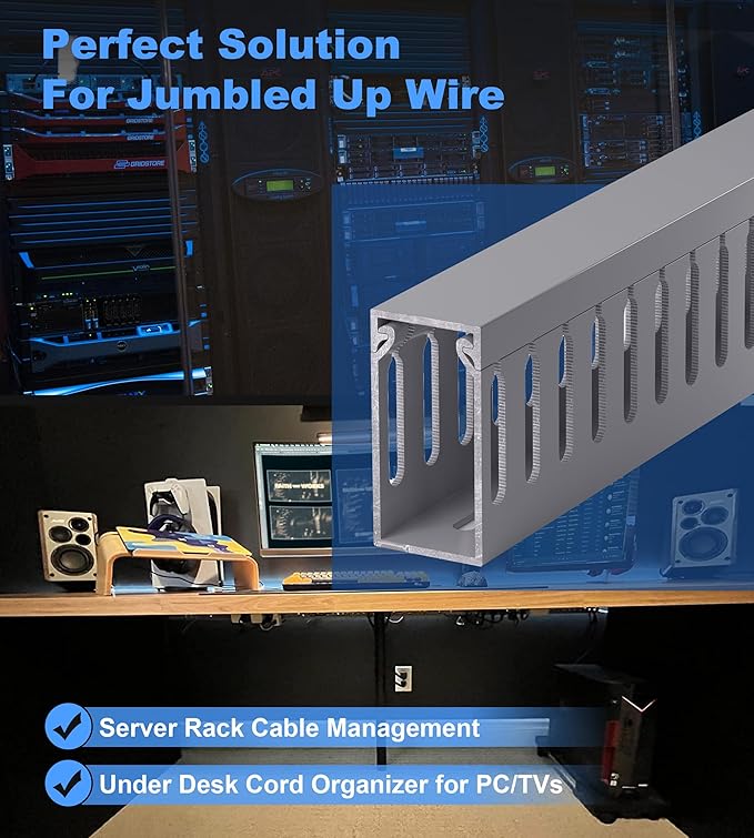 ZhiYo 2" H x 1" W Cable Management Raceway, 99in Under Desk Channel, Grey | Slotted Wire Duct, 6Pack, 16.5in Each, Heavy-Duty PVC Cable Management for Server Racks, Network Cables & Electrical Cabinets