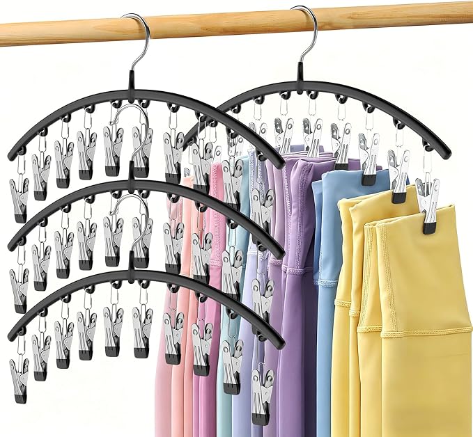 Legging Organizer for Closet, Metal Yoga Pants Hangers 4 Pack w/10 Clips Holds 40 Leggings, Space Saving Hanging Closet Organizer w/Rubber Coated Closet Organizers and Storage, Black