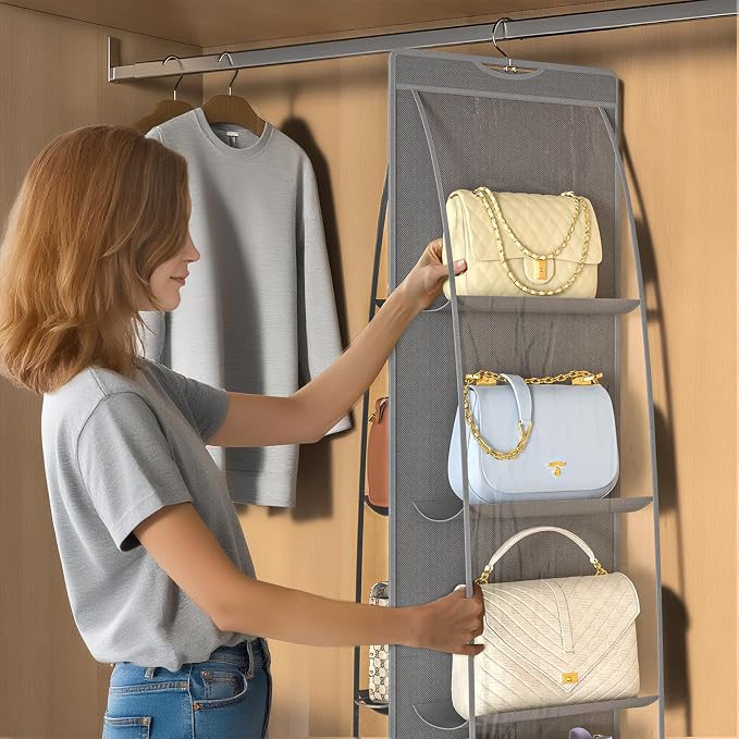 1 Packs 8 Pockets Grey Handbag Hanging Purse Organizer for Closet, Purse Storage, Purse Hanger and Handbag Organizer for Space Saving