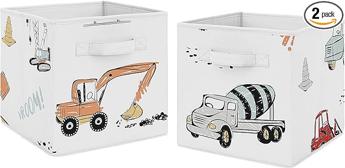 Sweet Jojo Designs Construction Truck Foldable Fabric Storage Cube Bins Boxes Organizer Toys Kids Baby Childrens - Set of 2 - Grey Yellow Orange Red and Blue Transportation