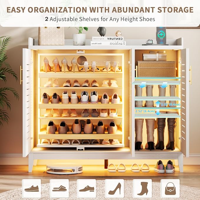 Vlsrka Shoe Storage Cabinet with Shutter Doors and Adjustable Shelves | 6 Tier Wooden Shoe Organizer, Large Capacity, Human Sensor Lighting, 180° Rotating, for Entryway, Hallway, Living Room, White