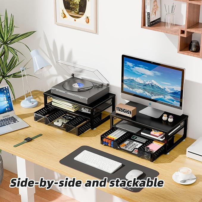 Simple Trending Desk Organizer and Accessories, 2-Tier Computer Monitor Stand Riser with Drawer, Office Desk Accessories & Workspace, Laptop & Printer Stand for Desktop, Black