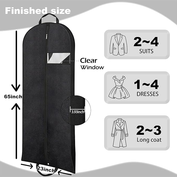 Gusseted Dress Bags for Gowns Long, 65'' Garment Bags for Hanging Clothes, Suit Bag Cover for Storage and Travel (Black)