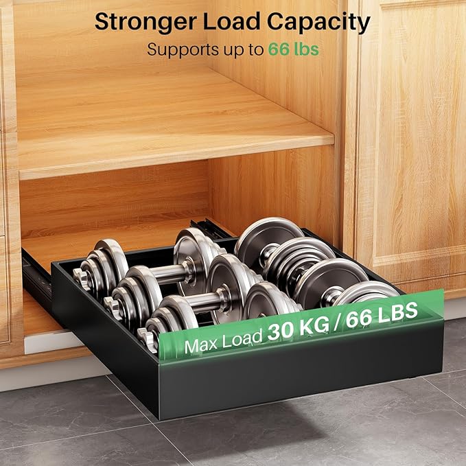 2Pack Pull out Cabinet Organizer, 21"Deep, Heavy Duty Full-extension Slide out Drawers for Kitchen Cabinet, Roll out Shelf Storage with Nano Adhesive for Pots,12"W x 21"D x 3.1"H, Black