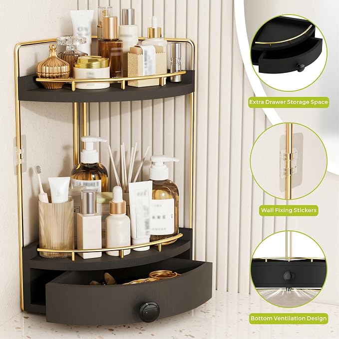 2-Tier Corner Bathroom Counter Organizer with Drawer, Black Gold | Embedded Screw Holes, Wooden Countertop Organizers, Space-Saving, Bottom Ventilation Design, Counter Shelf for Vanity