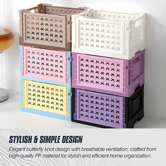 Domiella 2-Pack Foldable High-Strength PP Ventilated Baskets - Collapsible Storage Bins for Kitchen, Camping, Office & Home, Wear Resist Indoor Outdoor Organizer, Small White & Brown