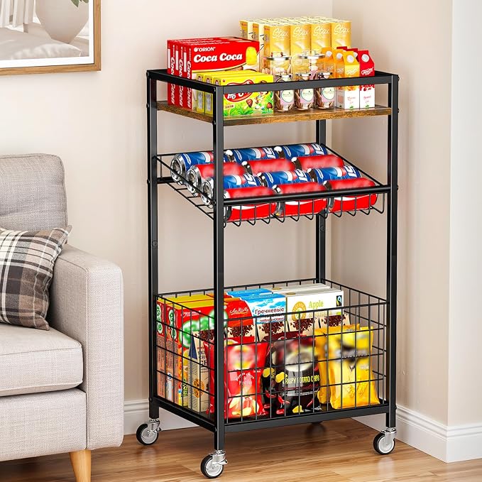 Fruit Vegetable Cart, 3-Tier Snack Cart on Wheels & Wood Top, Brown | Vegetable Rack For Kitchen, Kitchen Cart Organizer for Fruit, Vegetables, Potato, Snack