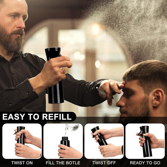 hair spray bottle, ultra-fine spray continuous spray bottle (200ml/6.8oz), used for hair design, vegetation, cleaning and skin care - empty, reusable (Pure Black)
