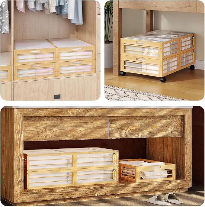 2 Pack Bamboo Under Bed Storage Drawers with Wheels Clothes Toy Organizer | Rollable underbed storage, 360° wheels, free 90L dust bag, 160lbs load, stackable organizer