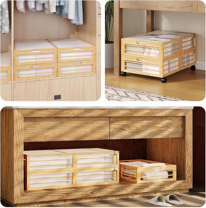 Underbed Storage with Wheels, 2 Pack Bamboo Containers for Shoes & Clothes | Dustproof bags protect contents. Stackable frames save space. 360° wheels provide smooth access to clothes, bedding and toys
