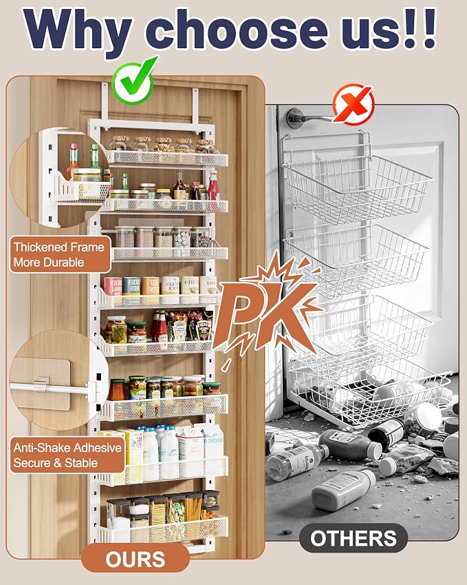 8 Tier Pantry Door Organizer, 2 IN 1 Over the Door Pantry Organizer with Metal Adjustable Baskets,Spice Rack Wall Mount or Door Organizer, Door Spice Rack for Pantry