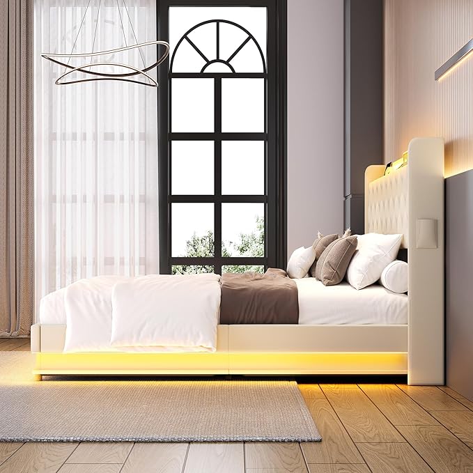 Ailisite Full Size Lift Up Storage Bed, Upholstered Platform Bed with Button Tufted Wingback Storage Headboard, Bed Frame Full Size with Led Lights and Charging Station, No Box Spring Needed, Beige