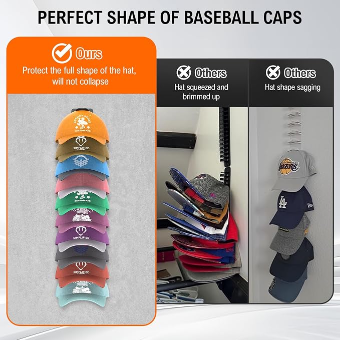 Hat Organizer for Baseball Caps 1 Pack, Adhesive Hat Rack for Wall Hold Up to 20 hats,With 2 Fixed Glue(Black-1 Pack+2 Fixed Glue)