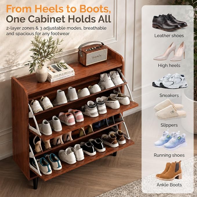 VINGLI Shoe Storage Cabinet for Entryway with 2 Flip Drawers, Ultra Slim Freestanding Entryway Shoe Organizer with Wood Tapered Legs,Hidden Closed Shoe Rack,31.6" W * 9.4" D * 39.4" H, Walnut