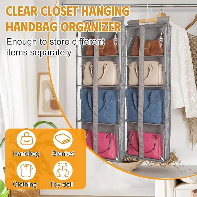 Silkfly 2 Pack Hanging Purse Organizer with Zipper for Closet Handbag Storage PVC Mesh Shelves with 4 Pockets for Bedroom Door Wardrobe Shelf Rack Space Saving(Brown)