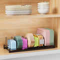 Expandable Food Container Lid Organizer, 9 Adjustable Dividers Sturdy Metal Pot and Pan Organizer Rack for Kitchen Cabinets, Drawers, Pantry Shelves, Countertops, Black, 8.15" Wide
