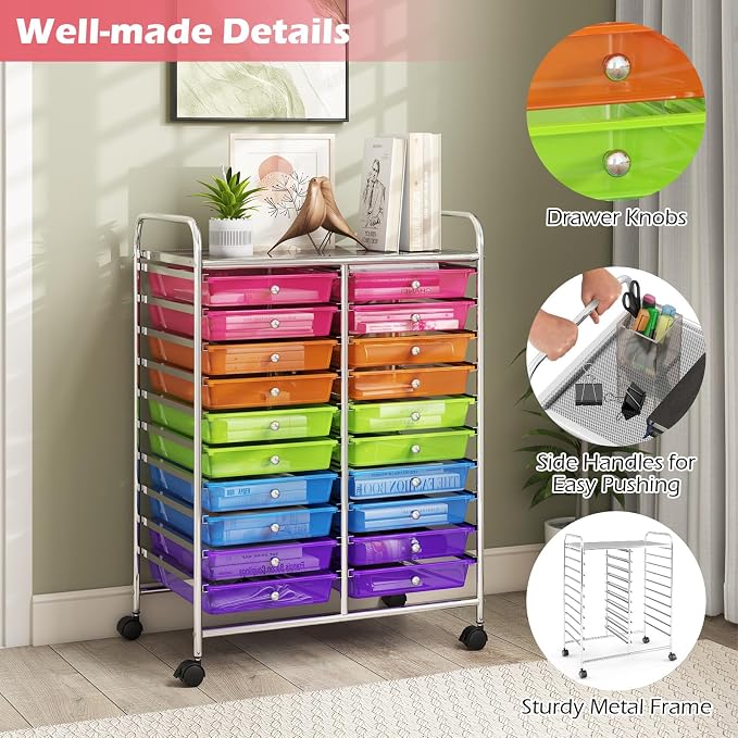 DREAMADE Rolling Cart with Storage Drawers, Utility Cart with Removable Plastic Drawers, Lockable Wheels, Art Cart for Classroom Organization Art Supplies Office Scrapbook (20 Drawers, Rainbow)