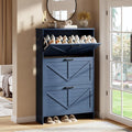 Nicetree Shoe Cabinet for Entryway, 3 Flip Drawers Shoe Storage Cabinet with 3-Tier Adjustable Shelves, Ultra Slim Freestanding Hidden Shoe Organizer with Barn Door Design, Navy Blue