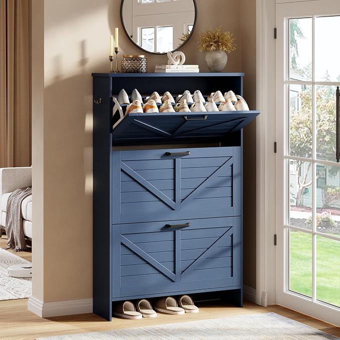 Nicetree Shoe Cabinet for Entryway, 3 Flip Drawers Shoe Storage Cabinet with 3-Tier Adjustable Shelves, Ultra Slim Freestanding Hidden Shoe Organizer with Barn Door Design, Navy Blue