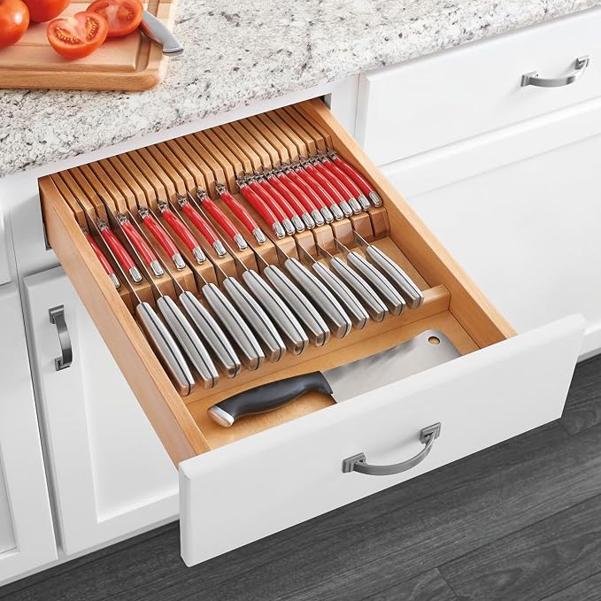 Rev-A-Shelf Dual Row Trim-to-Custom Fit Knife Block Drawer Organizer with Storage Holder for Kitchen Utensils, 55 Slot Cutlery Tray, Wood, 4WDKB-1