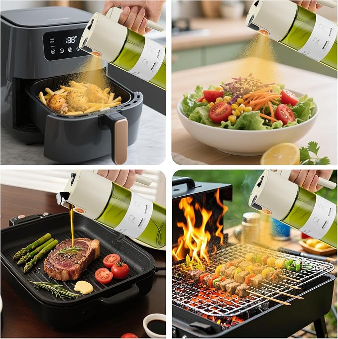 LAKUMIQI 2 in 1 Oil Sprayer & Dispenser, 17 oz Light-Blocking Glass Bottle | Large Capacity, Wide-Mouth for Easy Pouring and Cleaning, Leak-Proof Oil Bottle with Stickers for Salads, Air Fryers, BBQ