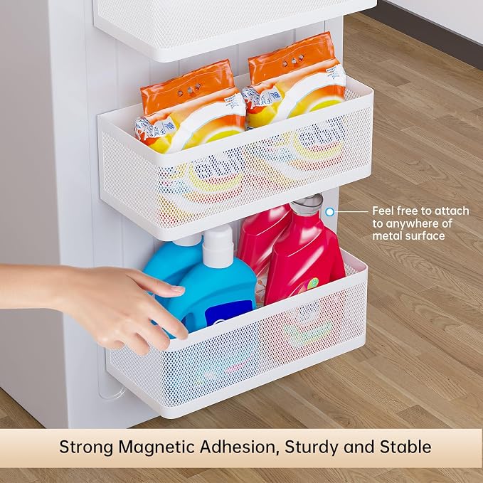 Magnetic Shelf for Washing Machine, White, L11in*W4.9in*H3.9in | Magnetic Organizer for Laundry, Hanging Basket Storage, Magnetic Fridge Shelves, Spice Rack for Refridgerator, 16.5-lb load
