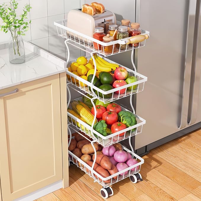 SAYZH Fruit Basket Kitchen Pantry Organizers and Storage - 4 Tier Stackable Metal Wire Basket Stand for Fruit Vegetable Snacks Jars Bins Containers Organization, (White, 4 Tiers)