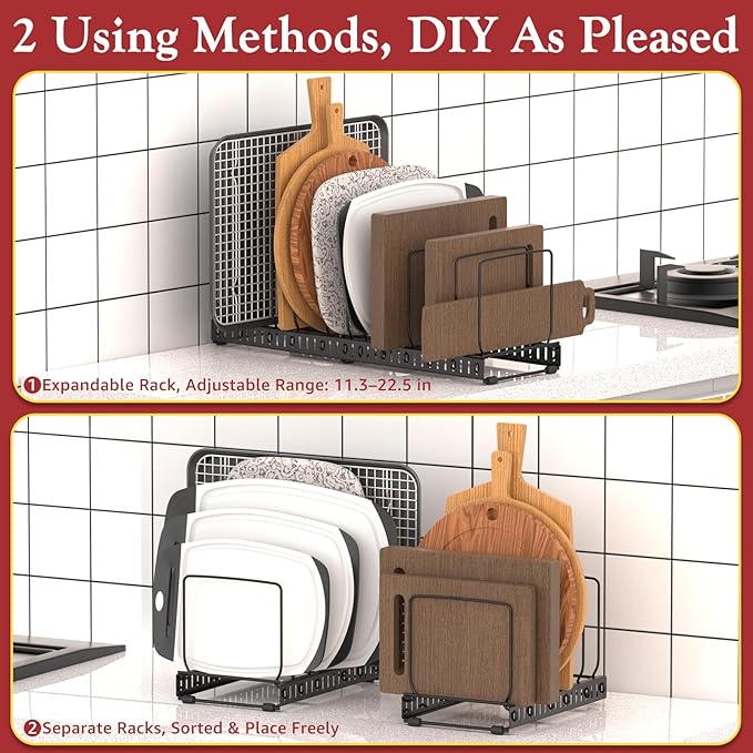 HzTinT Cutting Board Organizer Rack for Cabinet, Expandable 11.3"-22.5" Adjustable Divider Cutting Board Holder and Pot Lid Organizer, Kitchen Cabinet Organizer for Bakeware, Black