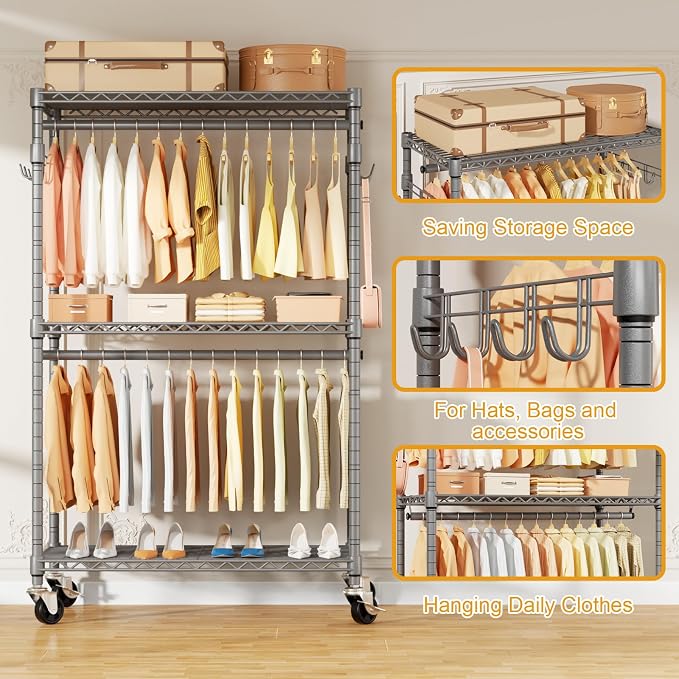 ULIFHOME P1 Rolling Clothing Rack with Lockable Wheels, Heavy-Duty Garment Rack for Hanging Clothes, Portable Closet Wardrobe with Shelves, 35.5" W x 15.7" D x 80.5" H, Hold 500lbs, Grey