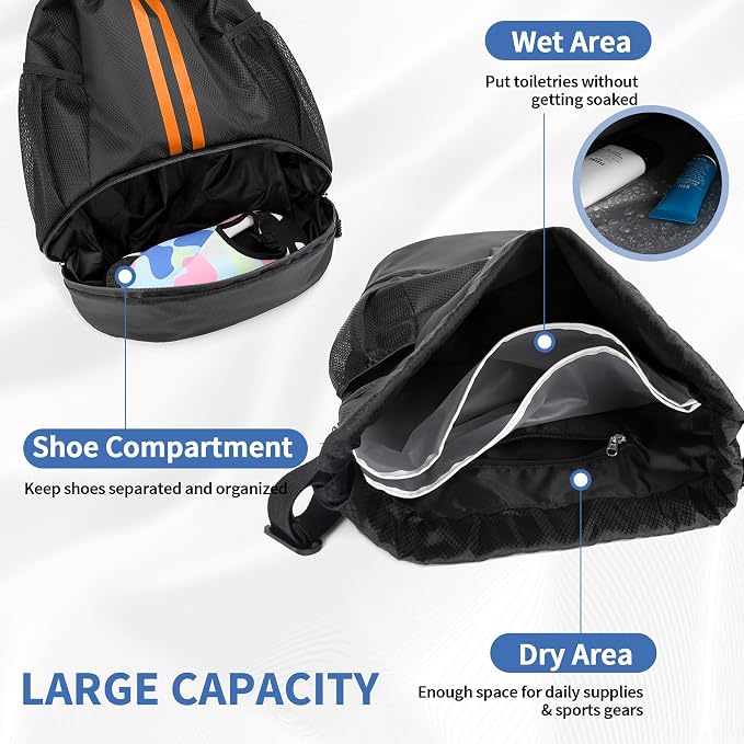 JELUTAR Drawstring Backpack Gym Bag with Shoes Pocket, Black Orange | Water-Resistant String Backpack for Soccer, Basketball, Swim, Beach Cinch for Women Men, 18 L Large Capacity, Wet Pocket