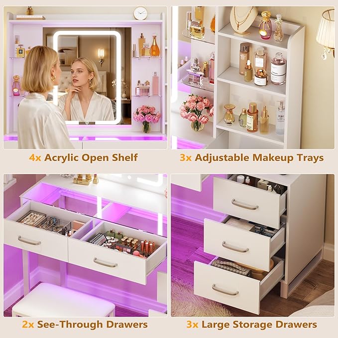 HUAHUU Vanity Desk with Mirror and Lights 3 Colors, 43.3" Makeup Vanity with Glass Top & RGB Light, White Vanity Table Set with Stool, 5 Drawers & Power Outlet for Bedroom Dressing Room