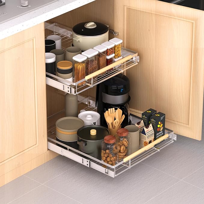 Expandable Pull Out Drawer Cabinet Organizer, Adjustable Width Bottom-Mounted Slide Out Storage Shelves for Cabinets, Required Cabinet Size (14.16"~24.36", D≥17.3"), 2 Pack