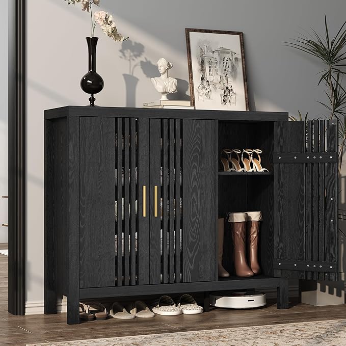 UNIQUITE Shoe Storage Cabinet with 3 Shutter Doors, 30 Pairs Shoe Cabinet with Adjustable Shelves, 5-Tier Large Shoe Rack Organizer for Entryway Hallway Living Room, Black