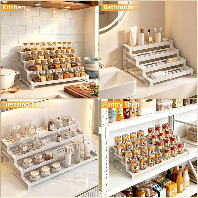 4-Tier Spice Rack Organizer, 13"-21.5" Expandable Spice Organization Shelf, Metal Seasoning Organizer for Kitchen Countertop or Pantry, Slip-Resistant Design for Jars and Bottles, White