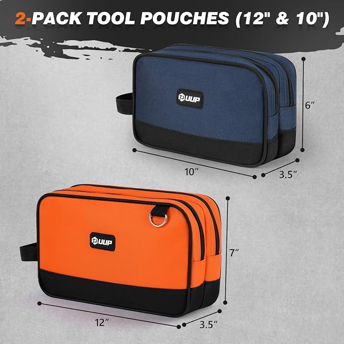 Tool Bag 2-Pack 12" 10", Divider Zipper Pouch, Small Tool Box Organizer | Waterproof, Heavy-duty Oxford, Smooth Zipper, Handle & D-Ring, Storage Case for Car Work Tool. Electrician Gift, Orange/Blue