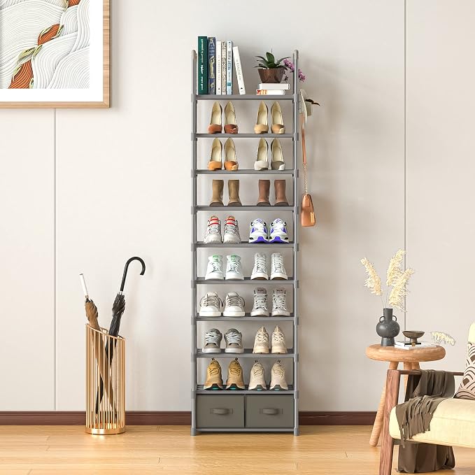 OYREL Shoe Rack Sturdy Metal 10 Tier Shoes Rack Organizer + 2Boxes 1Hook | Narrow Space Saving Shoe Storage Shelf for Closets, Tall Shoe Stand for Entryway, Living Room