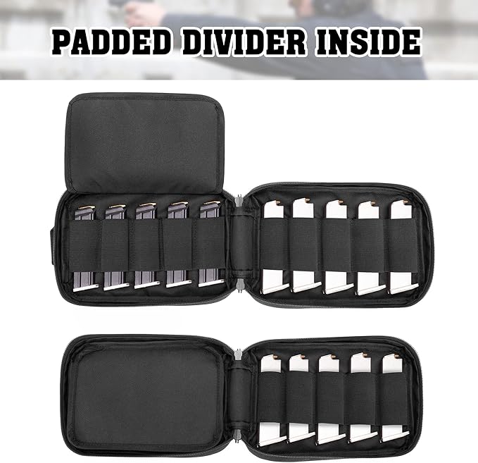 DSLEAF Tactical Pistol Magazine Storage Bag, MOLLE Mag Pouch Hold Up to 10x Most Single/Double Stack Magazines (Patent Design) | Hold Up to 10x Most Single/Double Stack Mags, Lockable Zipper, Lightweight Size and Portable Handle
