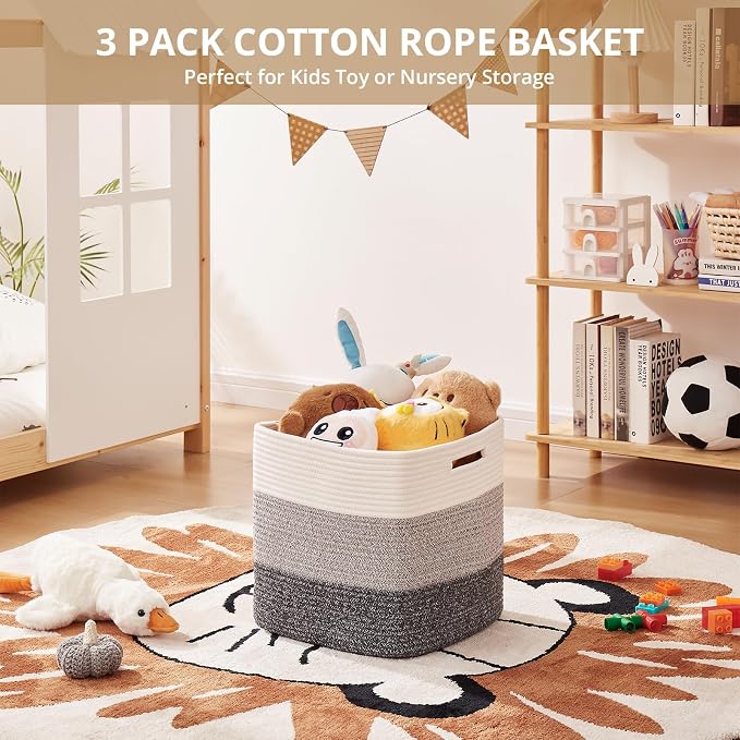 OIAHOMY 13 Inch Cube Storage Bins, 3-Pack Cotton Rope Woven Baskets for Organizing, Insert Storage Baskets for Shelves, Baby Nursery, Closet Organizer, 13 * 13 * 12.6IN, Gradient Gray