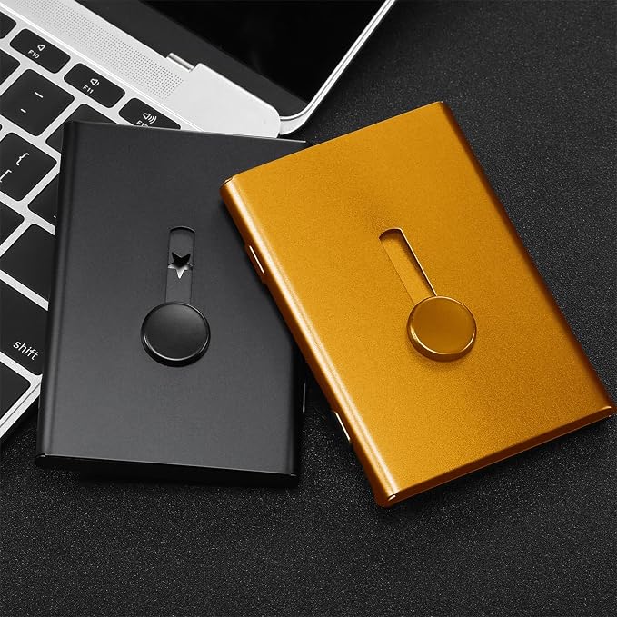 Tatuo 2 Pcs Business Card Holder Thumb Drive Black Gold Stainless Steel Business Name Card Case Portable Slide out Name Holder Wallet Nice Design Pocket for Men and Women