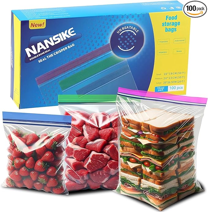 NANSIKE 100-Pack Food Storage Freezer Bags - 3 Sizes, Reusable with Zipper Lock for Fruit and Veggies, Microwave and Freezer Safe, No BPA - Strong Seal, Easy to Fill for Lunch, Snacks, and Meals