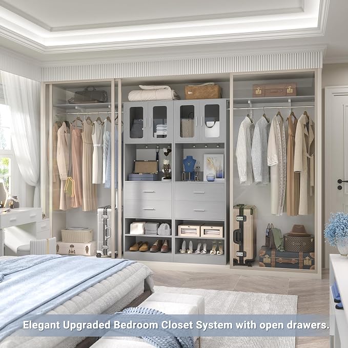 5FT Closet System with Doors and Wooden Drawers, 60'' Reversible Closet Organizer System with Big Wing Shelf and Hanging Rod, 80'' Tall Walk in Wardrobe Closet System with Shelves & Hooks, Grey