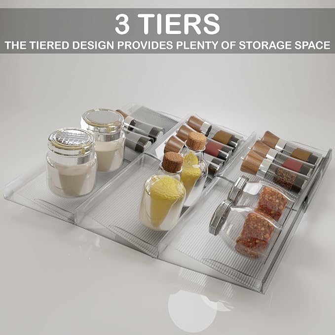 BaHoki Essentials 3 Tier Spice Rack- Kitchen Drawer Organizer - Clear Plastic Storage Rack for Kitchen Pantry - Perfect for Salt, Pepper, Spices and Seasonings (Pack of 2)