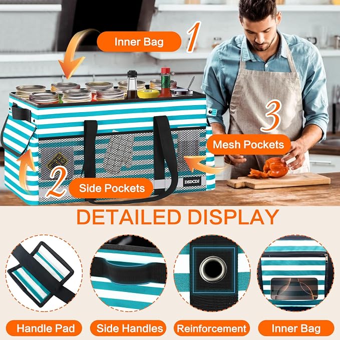 Extra Large Utility Tote Bag with Reflective Strip, Standing Reusable Grocery Bags with Hard Bottom, Collapsible Utility Tote with Handles for Shopping, Beach, Picnics, Car, Striped Green